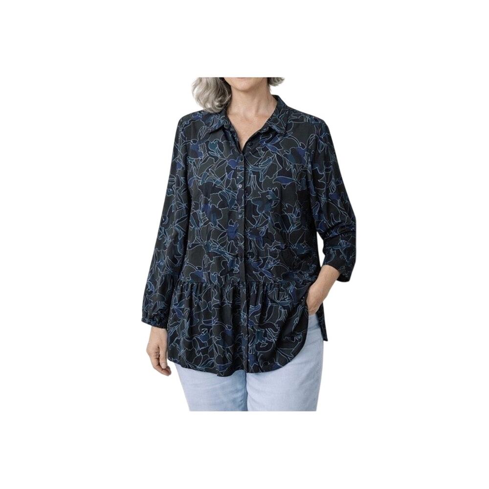 Lori Goldstein Blouse Womens Size L Blue Button Up Relaxed Fit Long Sleeve
